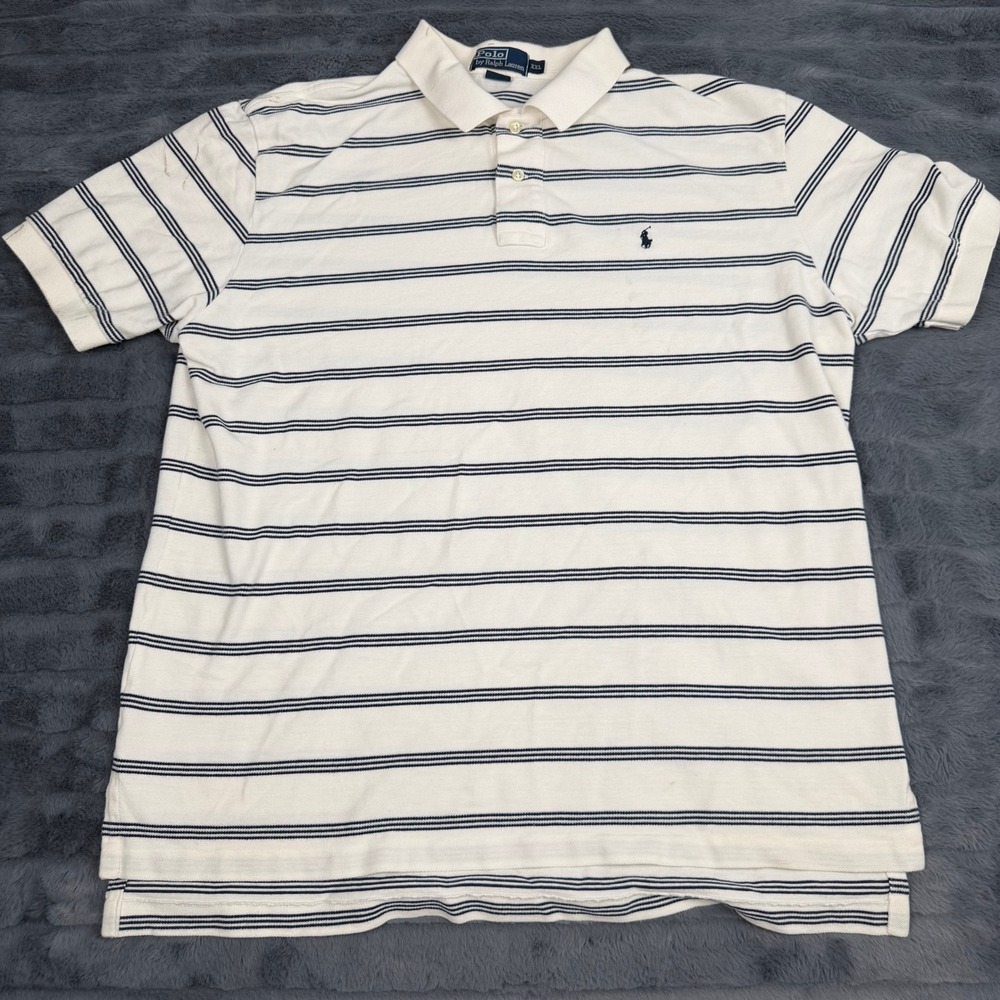 Polo Ralph Lauren Mens XXL White Navy Striped Short Sleeve Cotton Polo Shirt